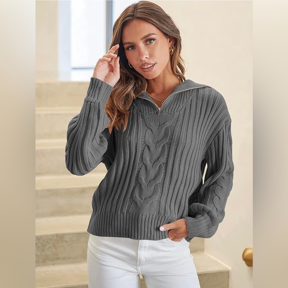 Women's 2022 Fall Winter Long Sleeve 1/4 Zipper Collared Casual Chunky Cable